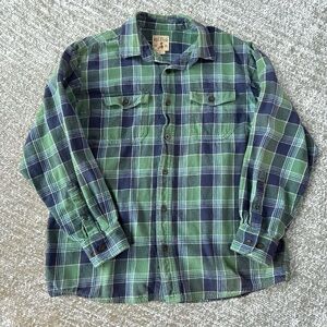 Red Head Brand Co blue green plaid  flannel button up shirt L